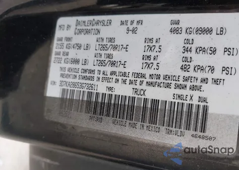 2003 Dodge Ram 2500 Slt/Laramie/St from USA, damaged, VIN 3D7KA28653G732611